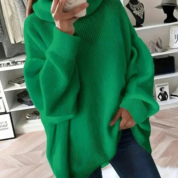 Sweaters - Dark Green Casual Women's Solid Color Loose Knit Turtleneck Sweater